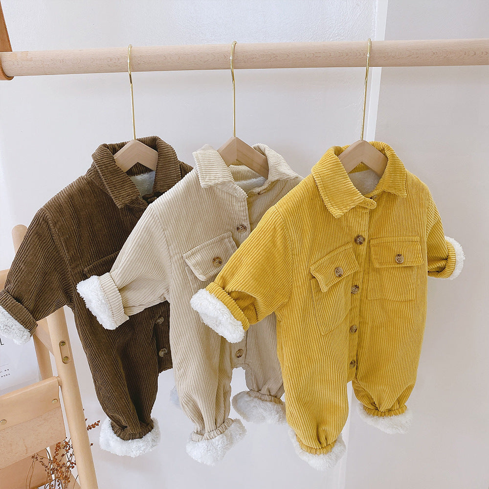 Baby Cotton Jumpsuit – Lamb Velvet Lined, Solid Color Design