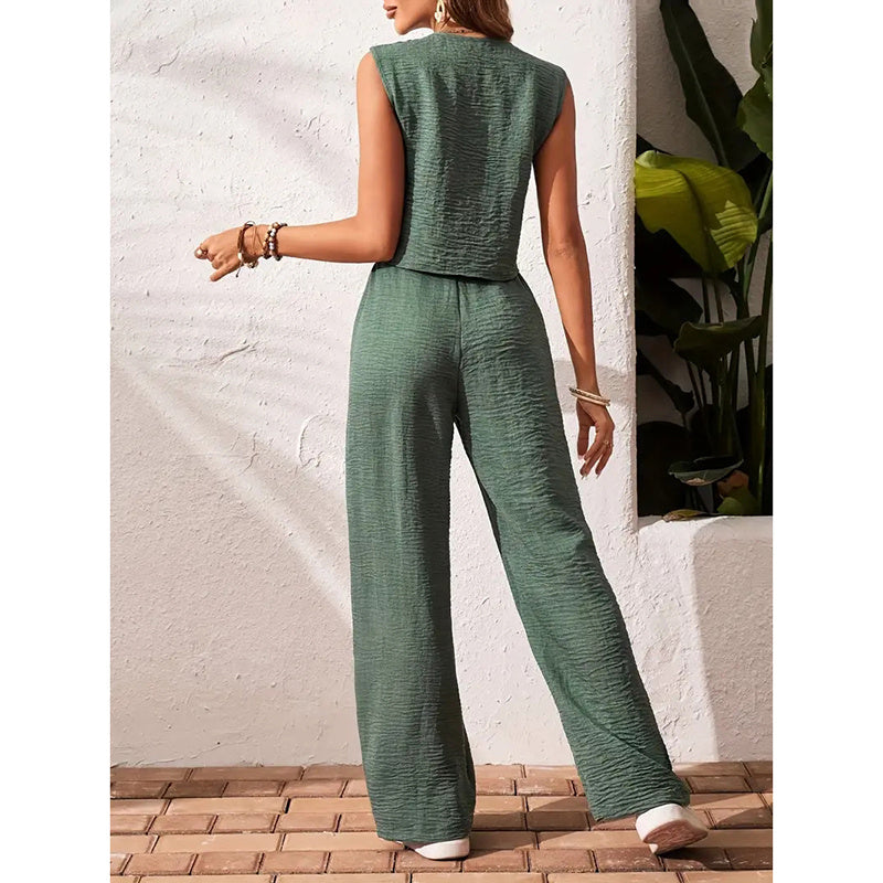 Chic Summer 2-Piece Set – Buttoned Crop Blazer Vest & Wide-Leg Pants