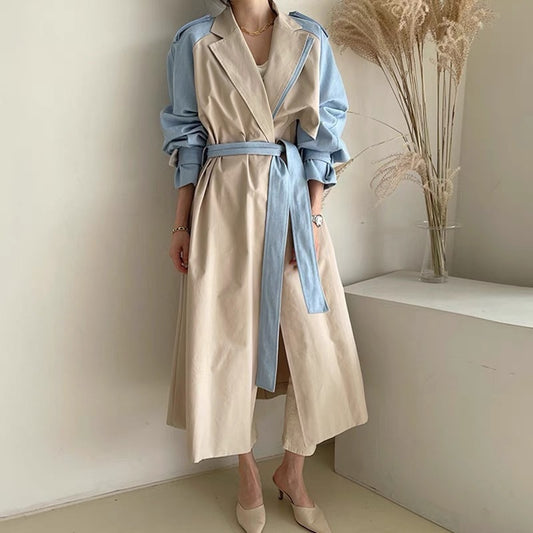Women’s Long Trench Coat – Retro Lapels, Contrast Stitching, Lace-Up Waist