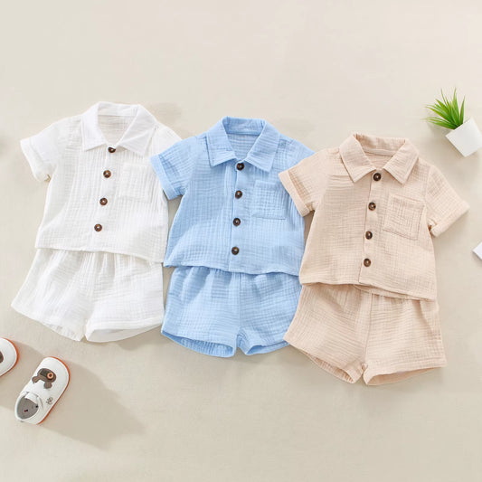 Cotton Linen Casual Toddler Baby Boys Summer Outfits Solid Short Sleeve Pocket Button down Lapel Shirt + Shorts 2PCS Clothes Set