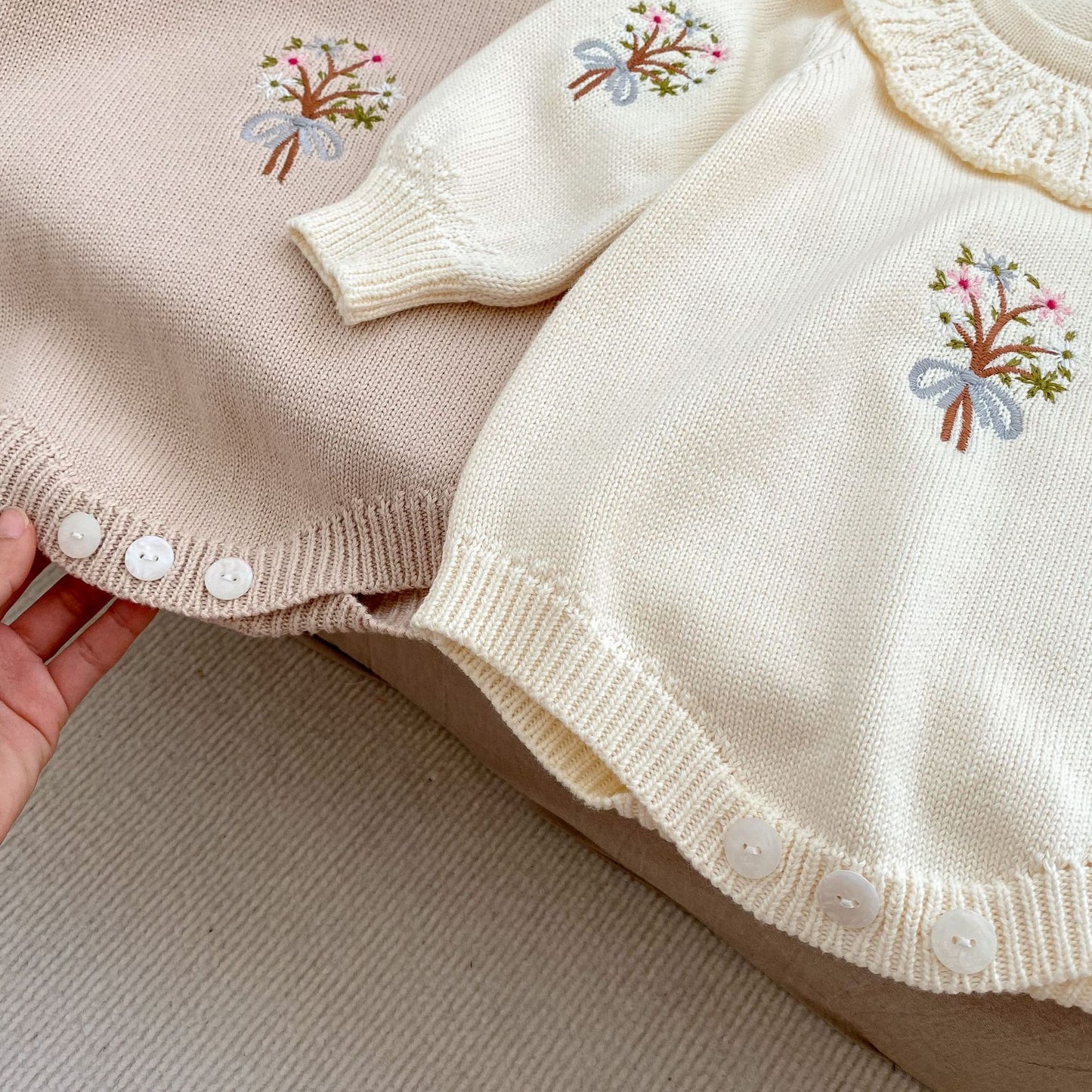 Knitted Baby Girl Romper – Lotus Collar and Long Sleeves