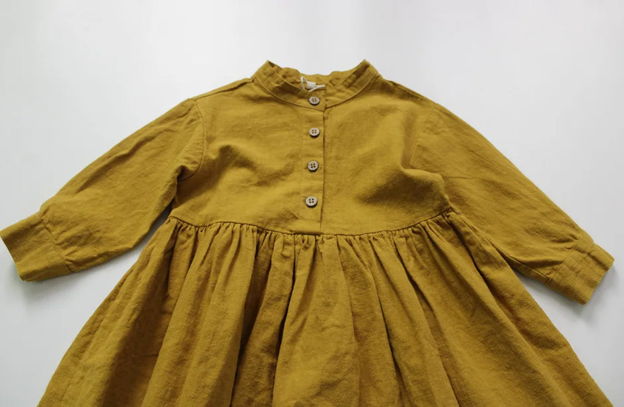 New 2022 Autumn Korean Style Baby Girls Cotton Linen Dresses Long Sleeve Pure Color Toddlers Kids Retro Robe Children Dress