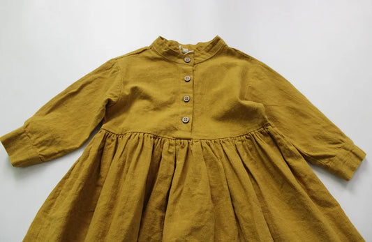 New 2022 Autumn Korean Style Baby Girls Cotton Linen Dresses Long Sleeve Pure Color Toddlers Kids Retro Robe Children Dress