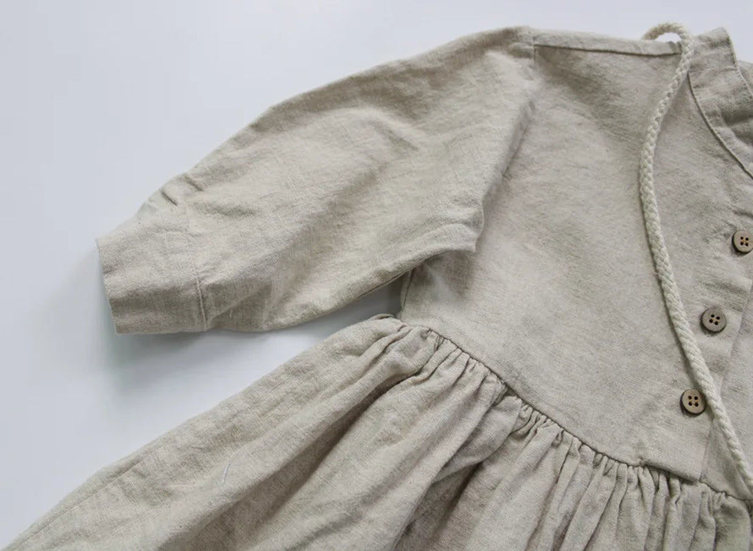 New 2022 Autumn Korean Style Baby Girls Cotton Linen Dresses Long Sleeve Pure Color Toddlers Kids Retro Robe Children Dress