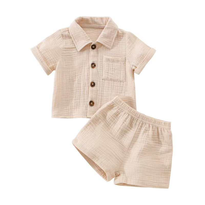 Cotton Linen Casual Toddler Baby Boys Summer Outfits Solid Short Sleeve Pocket Button down Lapel Shirt + Shorts 2PCS Clothes Set