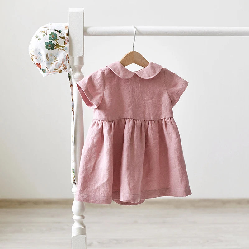 Children Linen Doll Collar Baby Princess Dress 2024 New Girls' Clothing Spring and Summer Short-Sleeve Dress TZ01