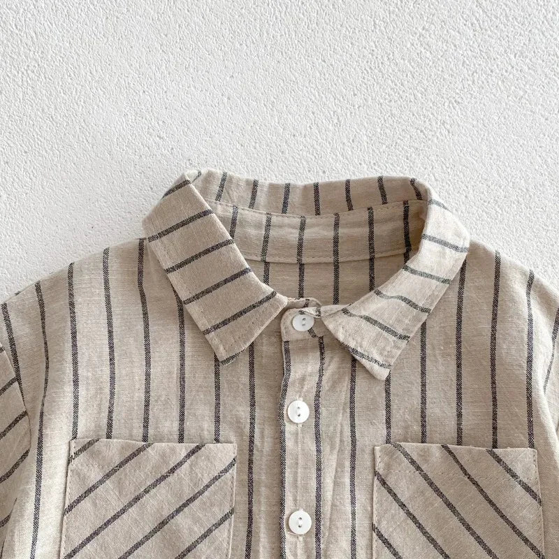 2024 Summer Korean Style Baby Boys Striped Outfits Cotton Linen Shirts Shorts 2Pcs Children Casual Loose Sets