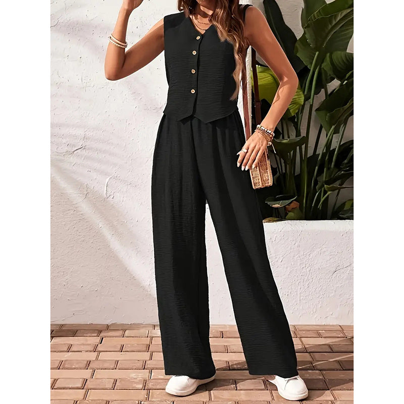 Chic Summer 2-Piece Set – Buttoned Crop Blazer Vest & Wide-Leg Pants