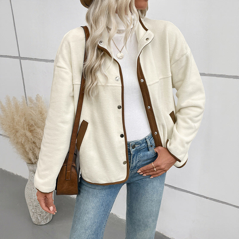Women’s Contrast Color Polar Fleece Cardigan – Short Stand-Up Collar Jacket