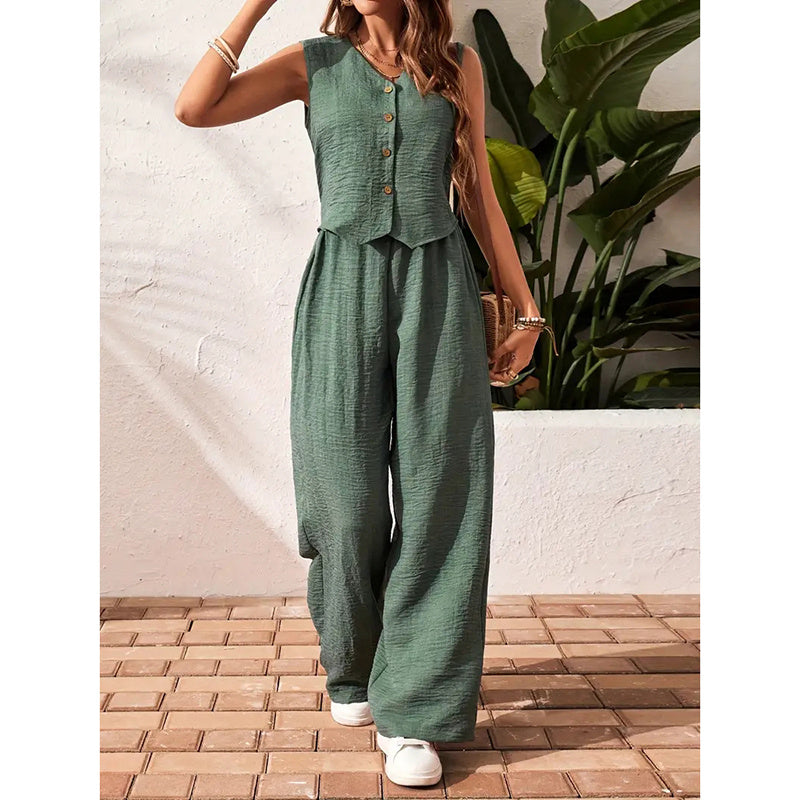 Chic Summer 2-Piece Set – Buttoned Crop Blazer Vest & Wide-Leg Pants