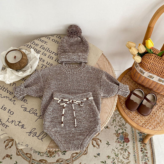 Infant Baby Girl 3-Piece Set – Thick Knit Pullover, Pants & Fur Ball Hat
