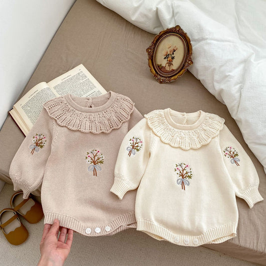 Knitted Baby Girl Romper – Lotus Collar and Long Sleeves