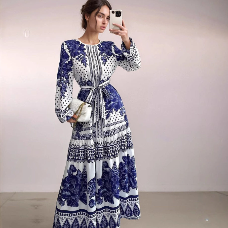 Women’s Printed Long Sleeve Dress – European and American Style