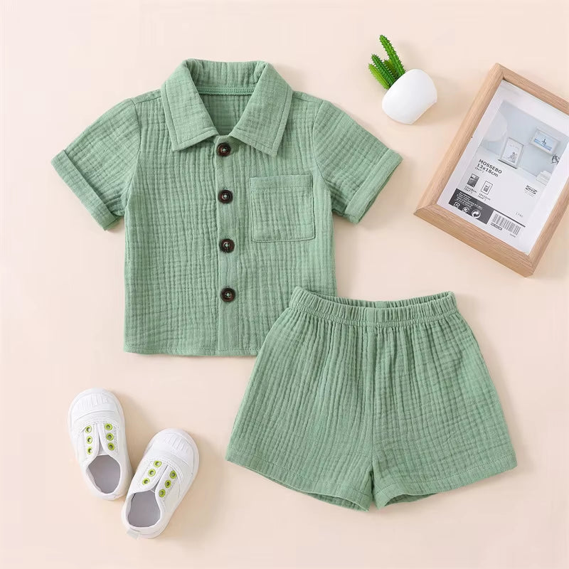 Cotton Linen Casual Toddler Baby Boys Summer Outfits Solid Short Sleeve Pocket Button down Lapel Shirt + Shorts 2PCS Clothes Set