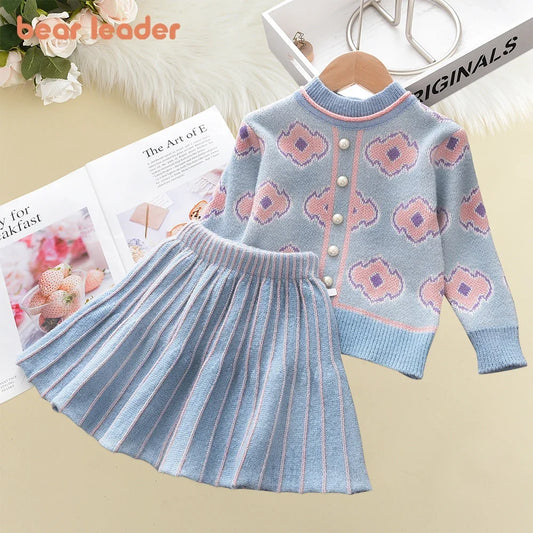 Girls Baby 2023 Fashion Winter Knitted Clothes Sets Cartoon Sweaters Tops Ruffles Skirt Outfits Children Clothes