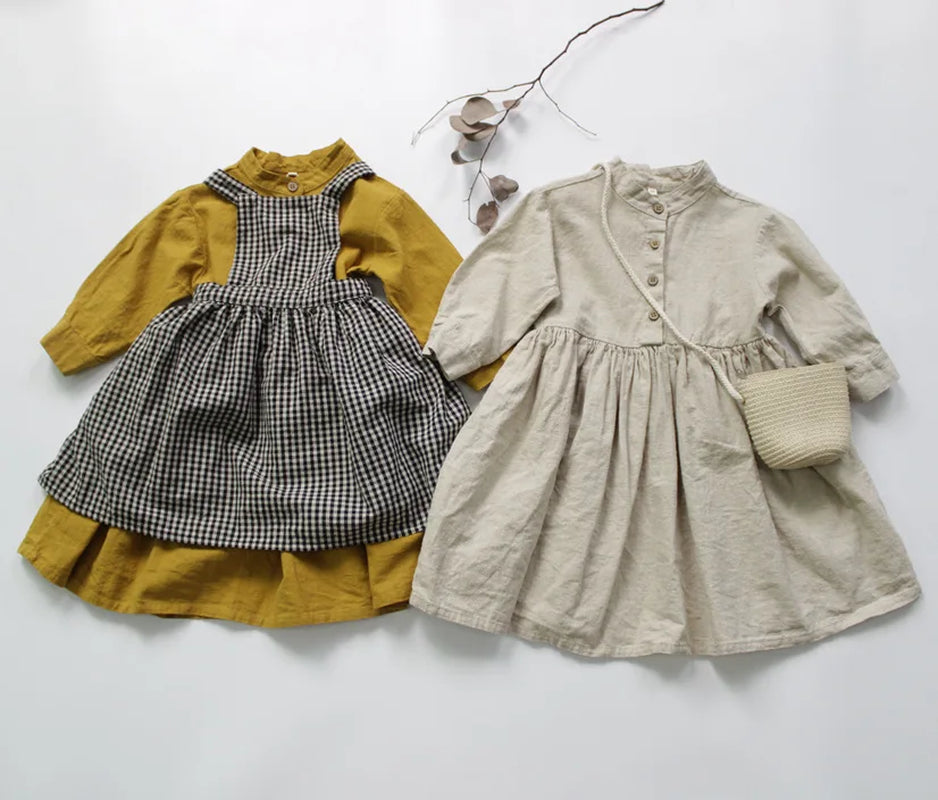 New 2022 Autumn Korean Style Baby Girls Cotton Linen Dresses Long Sleeve Pure Color Toddlers Kids Retro Robe Children Dress