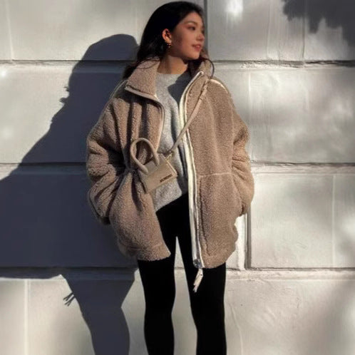 Loose Casual Zip Coat – Fashionable Anti-Cashmere Outerwear for Fall and Winter