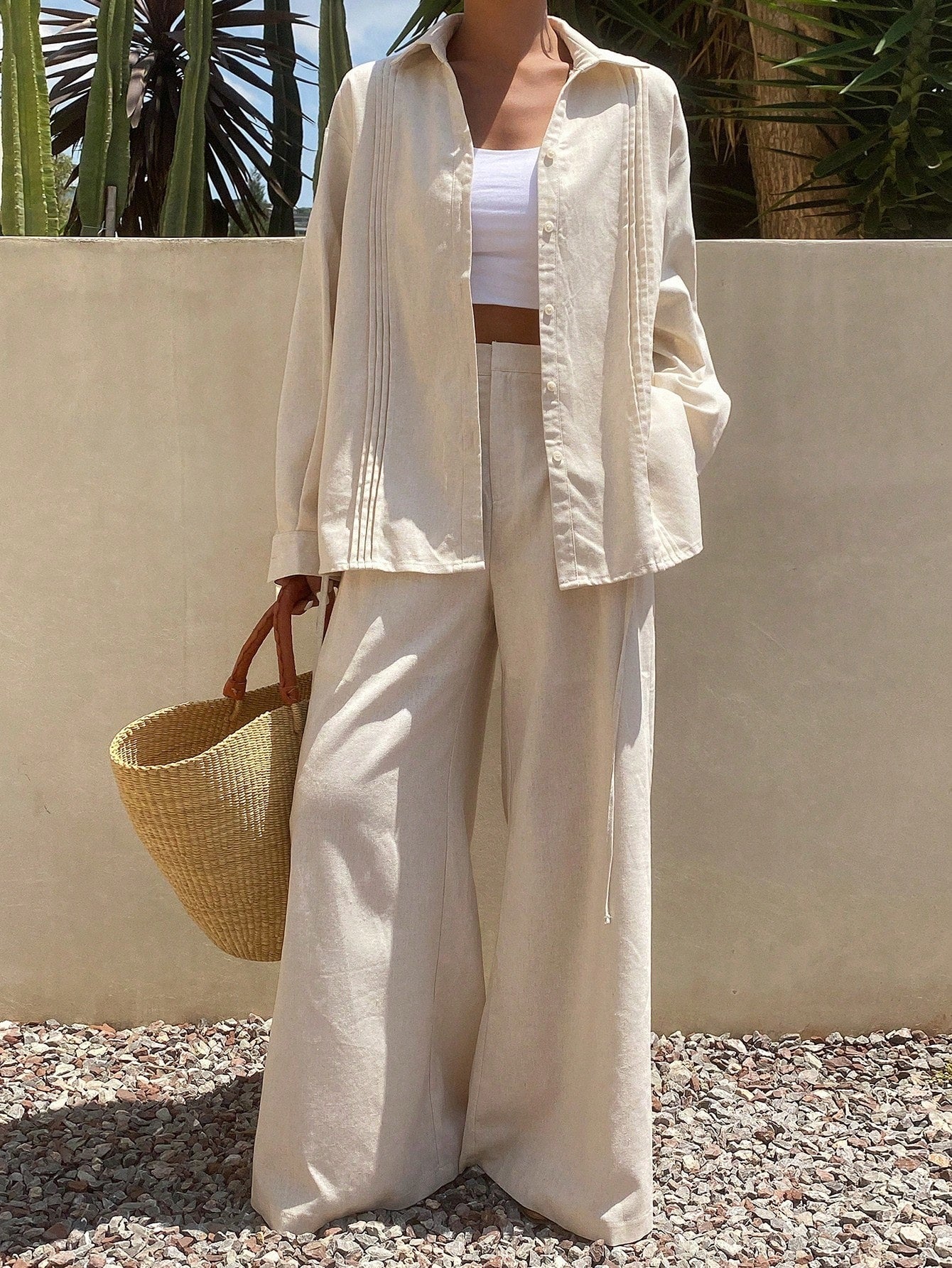 Women’s Summer Outfit – Solid Color Pleated Shirt and Wide Leg Pan