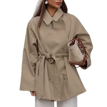 Women’s Long Khaki Trench Coat – Lace-Up Long Sleeve Coat