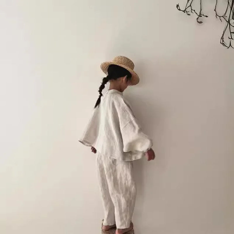 Children Clothing Set 2024 Autumn Cotton and Linen Casual T-Shirt and Loose Casual Pants Neutral Fashionable Two-Piece Set