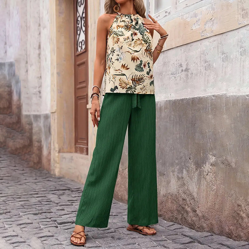 Chic Summer Two-Piece Set – Halter Crop Top & Wide-Leg Pants