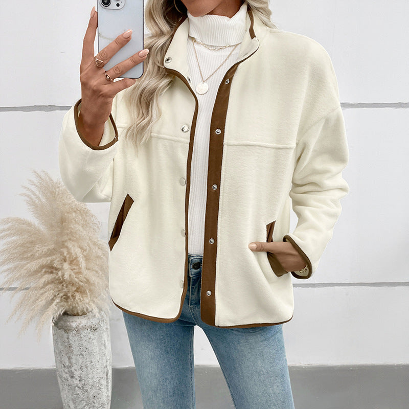 Women’s Contrast Color Polar Fleece Cardigan – Short Stand-Up Collar Jacket