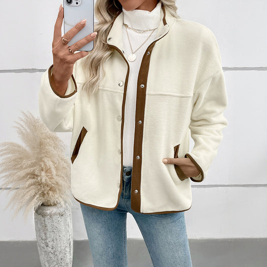 Women’s Contrast Color Polar Fleece Cardigan – Short Stand-Up Collar Jacket