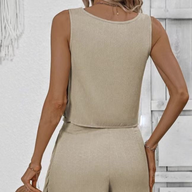 Elegant Women’s 2-Piece Summer Set – Off-Shoulder Top & Lace-Up Shorts
