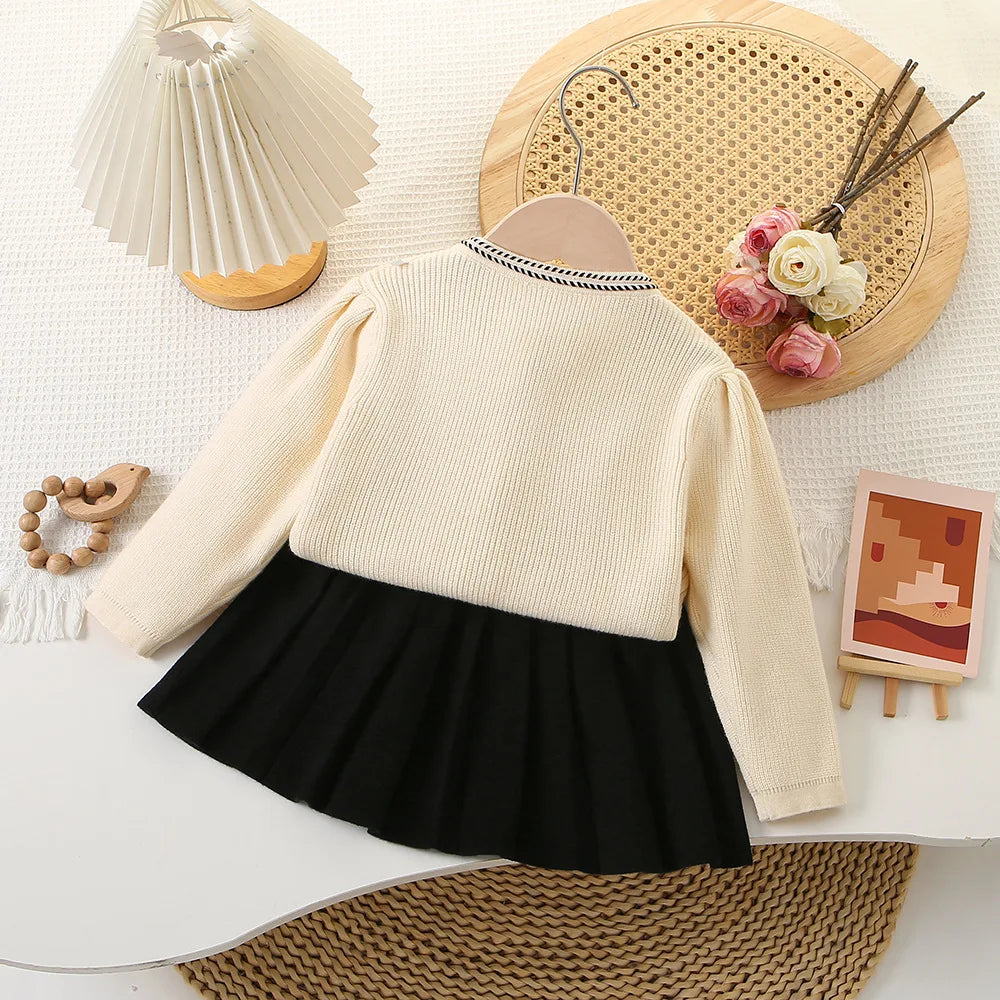Designed 2Pcs Tweed Clothes Sets Girl Fashion Fall Winter Children Suits for 1-8Ys Elegant Knitting Luxury Kids Princess Outfit