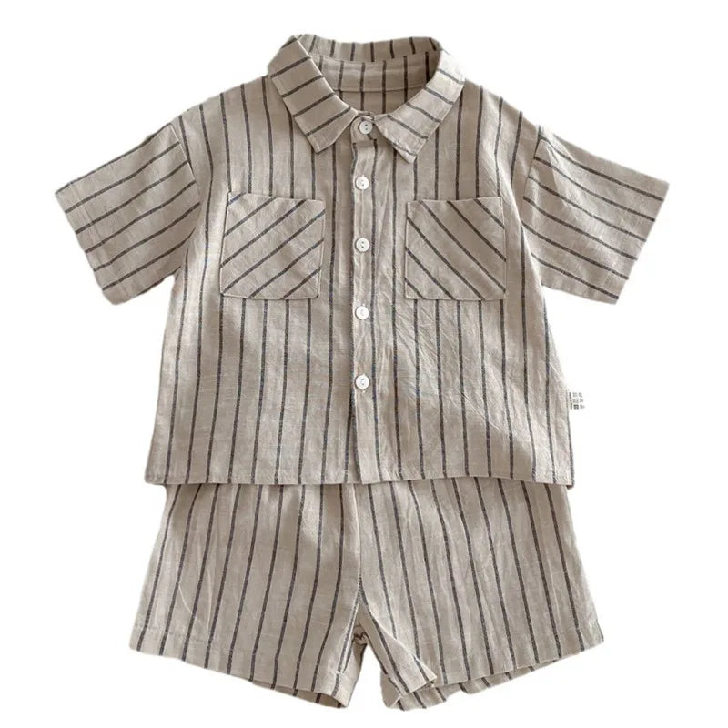 2024 Summer Korean Style Baby Boys Striped Outfits Cotton Linen Shirts Shorts 2Pcs Children Casual Loose Sets