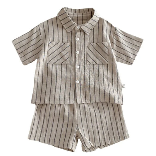 2024 Summer Korean Style Baby Boys Striped Outfits Cotton Linen Shirts Shorts 2Pcs Children Casual Loose Sets