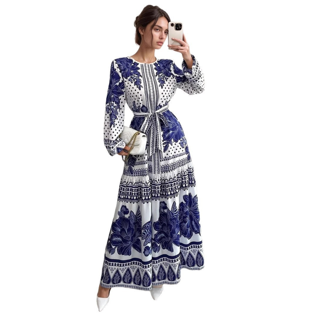 Women’s Printed Long Sleeve Dress – European and American Style