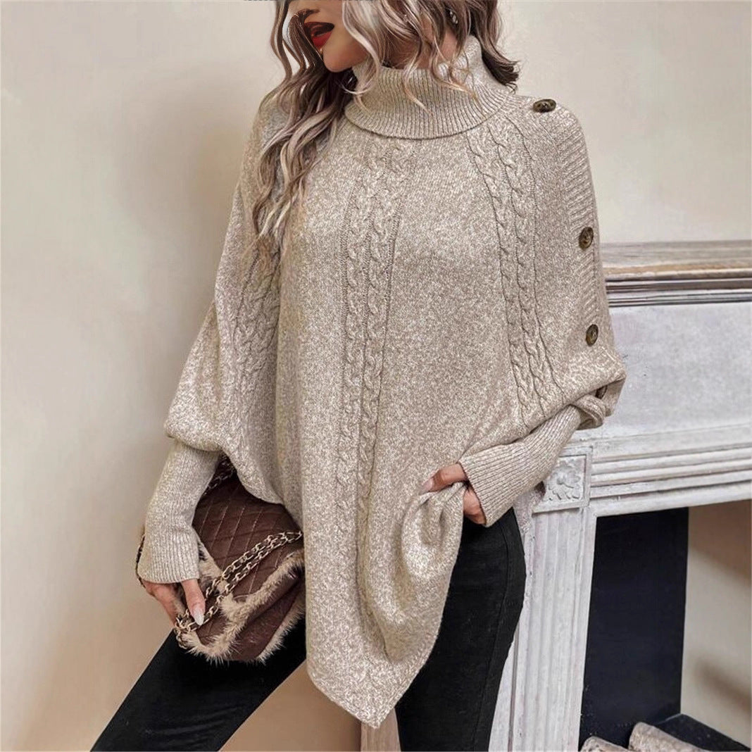 Women’s Turtleneck Batwing Shirt – Long Sleeve with Decorative Buttons