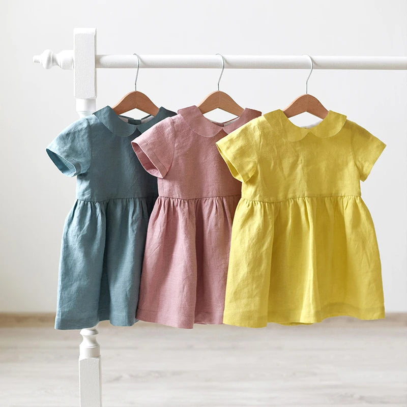 Children Linen Doll Collar Baby Princess Dress 2024 New Girls' Clothing Spring and Summer Short-Sleeve Dress TZ01