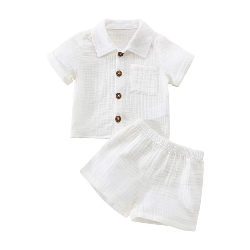 Cotton Linen Casual Toddler Baby Boys Summer Outfits Solid Short Sleeve Pocket Button down Lapel Shirt + Shorts 2PCS Clothes Set