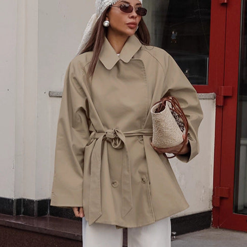 Women’s Long Khaki Trench Coat – Lace-Up Long Sleeve Coat