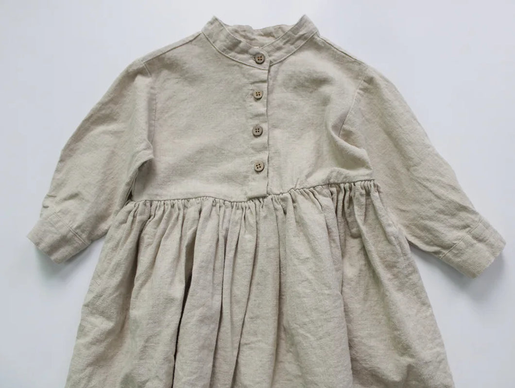 New 2022 Autumn Korean Style Baby Girls Cotton Linen Dresses Long Sleeve Pure Color Toddlers Kids Retro Robe Children Dress