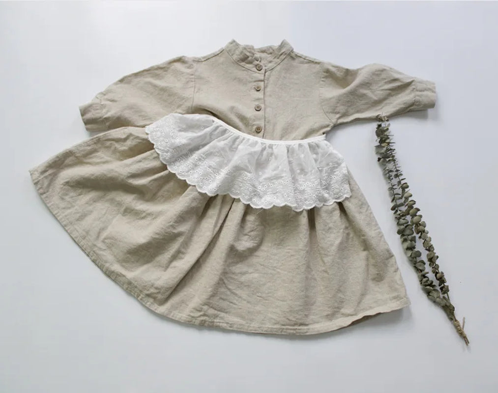New 2022 Autumn Korean Style Baby Girls Cotton Linen Dresses Long Sleeve Pure Color Toddlers Kids Retro Robe Children Dress
