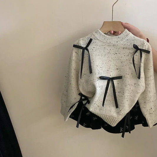 4746 Children Clothes Bow Knitted Girl'S Sweater or Cake Skirt 2024 Autumn Sweet Girl'S Clothes