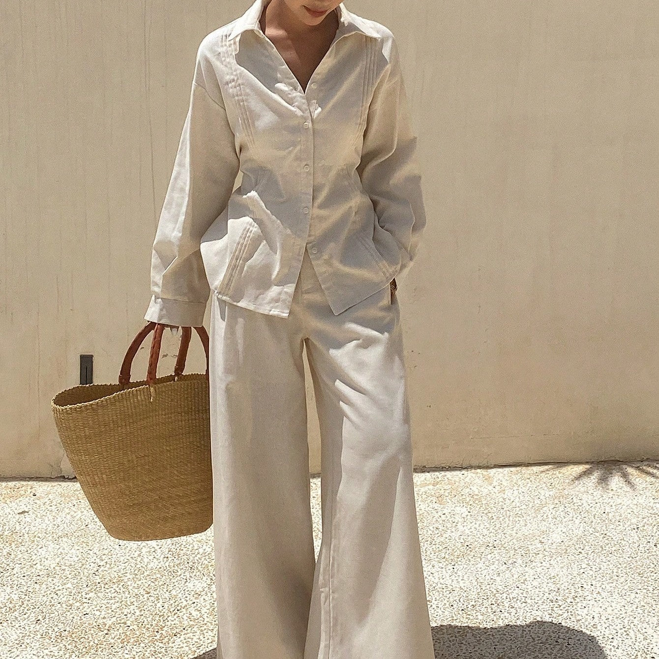 Women’s Summer Outfit – Solid Color Pleated Shirt and Wide Leg Pan