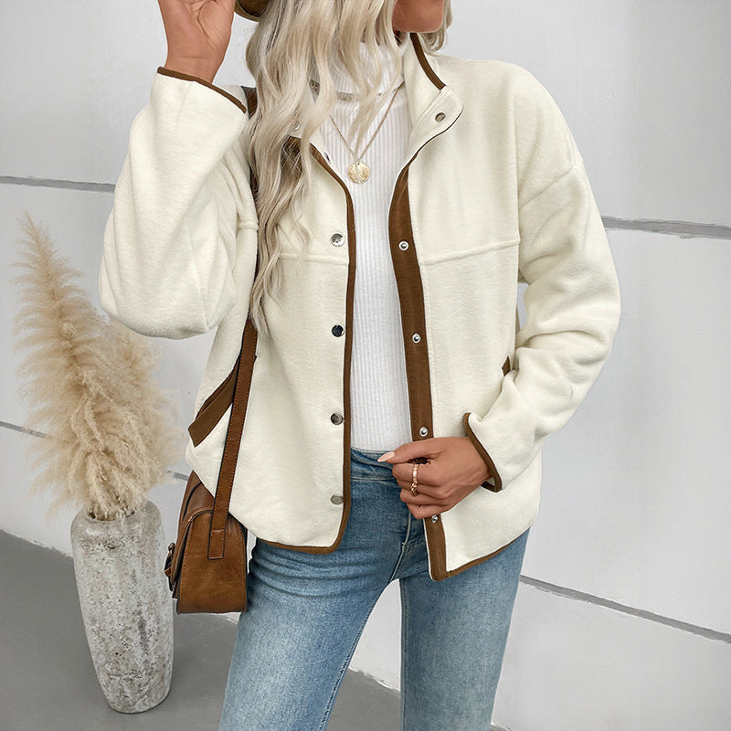 Women’s Contrast Color Polar Fleece Cardigan – Short Stand-Up Collar Jacket