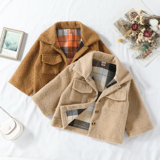 Reversible Plaid Coat for Kids – Soft Plush Autumn Jacket