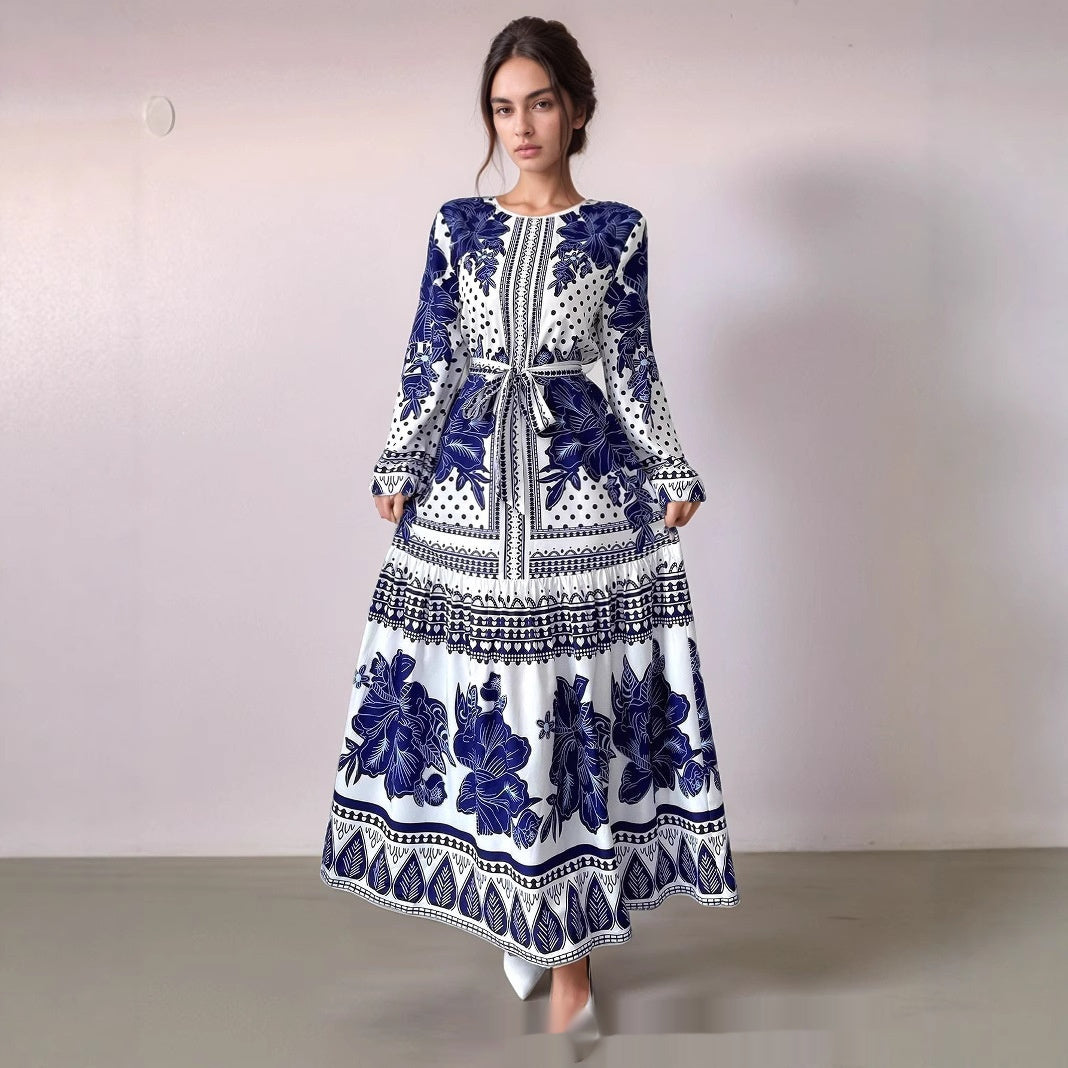 Women’s Printed Long Sleeve Dress – European and American Style