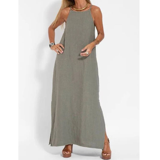 Women Cotton Linen Side Split Long Slip Dress Summer Lady Strapless Solid Color Holiday Party Dresses FYY-10080