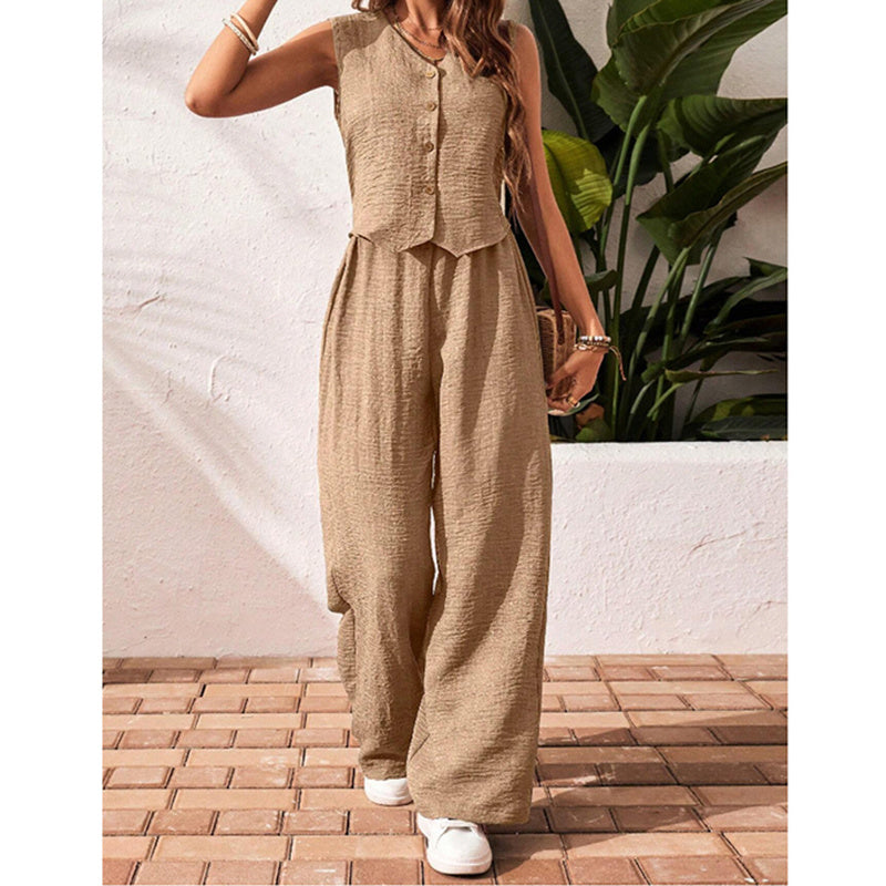 Chic Summer 2-Piece Set – Buttoned Crop Blazer Vest & Wide-Leg Pants