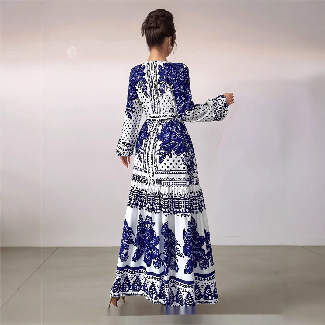 Women’s Printed Long Sleeve Dress – European and American Style