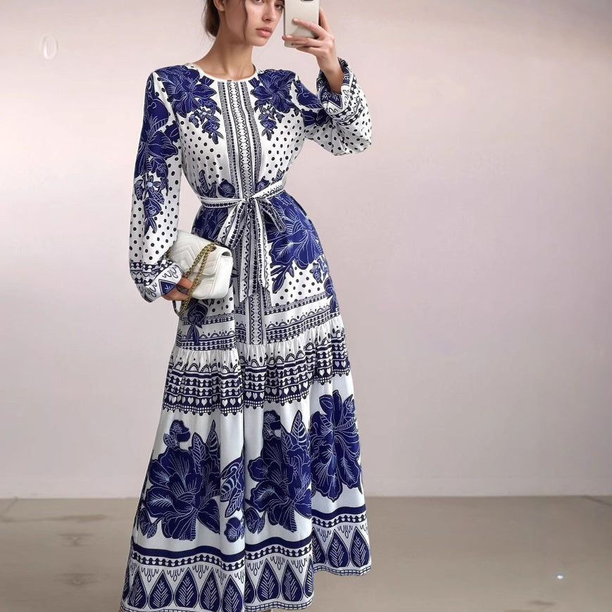 Women’s Printed Long Sleeve Dress – European and American Style