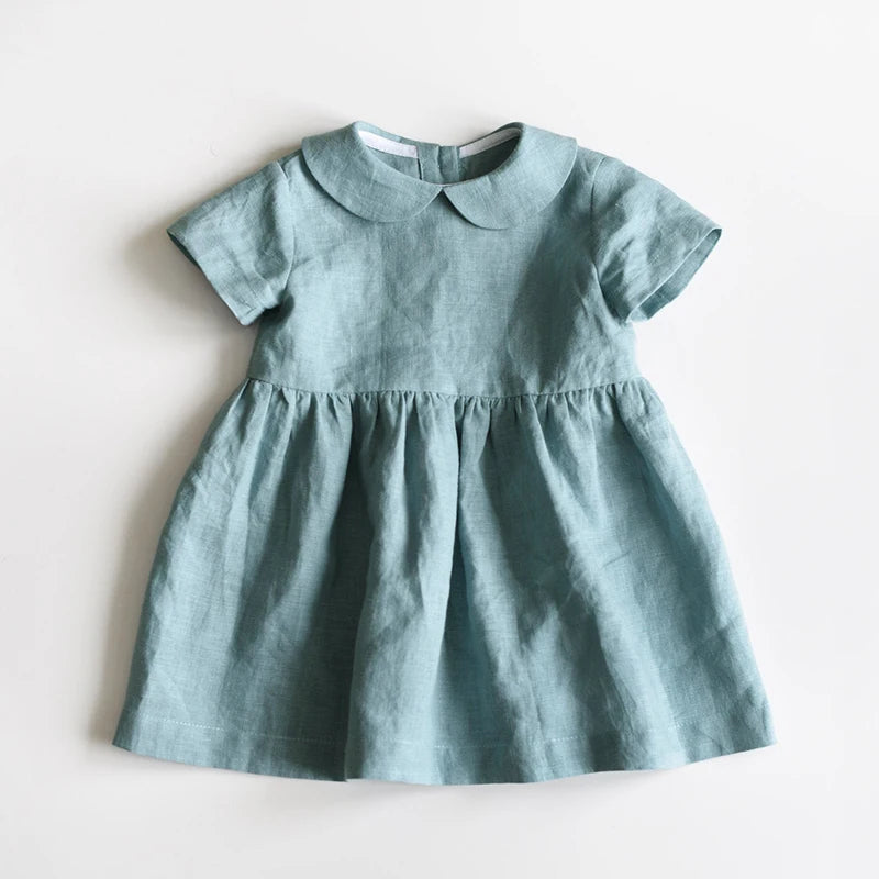 Children Linen Doll Collar Baby Princess Dress 2024 New Girls' Clothing Spring and Summer Short-Sleeve Dress TZ01