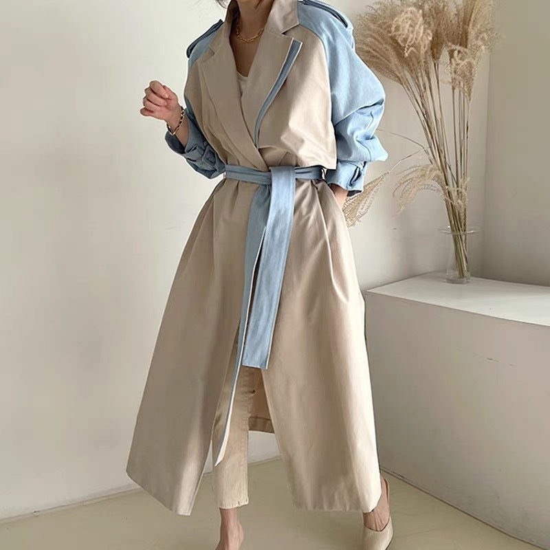 Women’s Long Trench Coat – Retro Lapels, Contrast Stitching, Lace-Up Waist