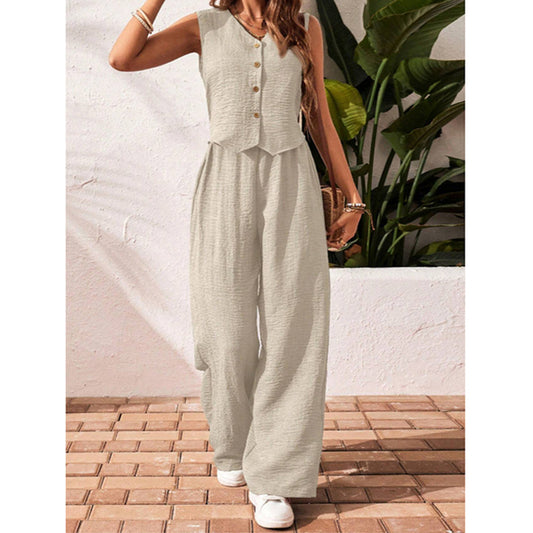 Chic Summer 2-Piece Set – Buttoned Crop Blazer Vest & Wide-Leg Pants